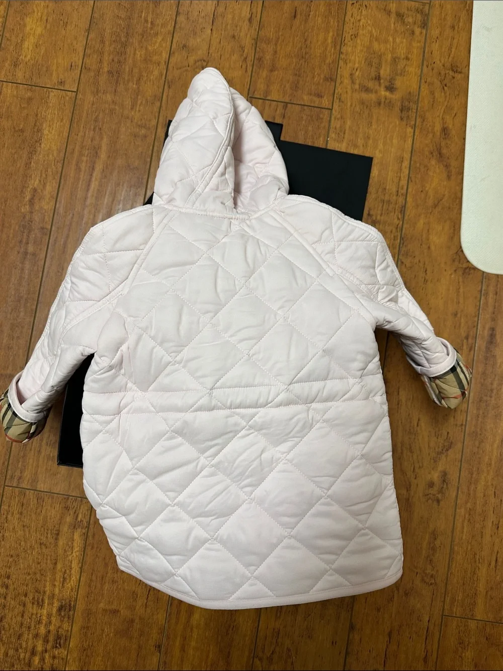 Burberry Light Pink Quilted Hooded Baby Jacket with Check Lining - NWT
